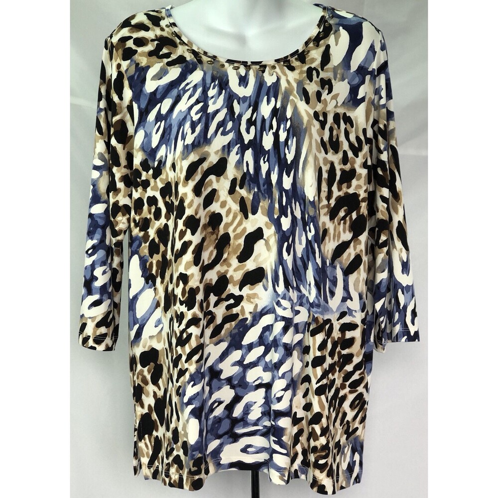 Alfred Dunner top PL multi Leopard 3/4 sleeves Bead Scoop Neck Glam Punk Rock